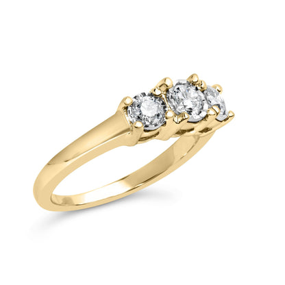 Gold ring with three sparkling round diamonds in a row on a white background.