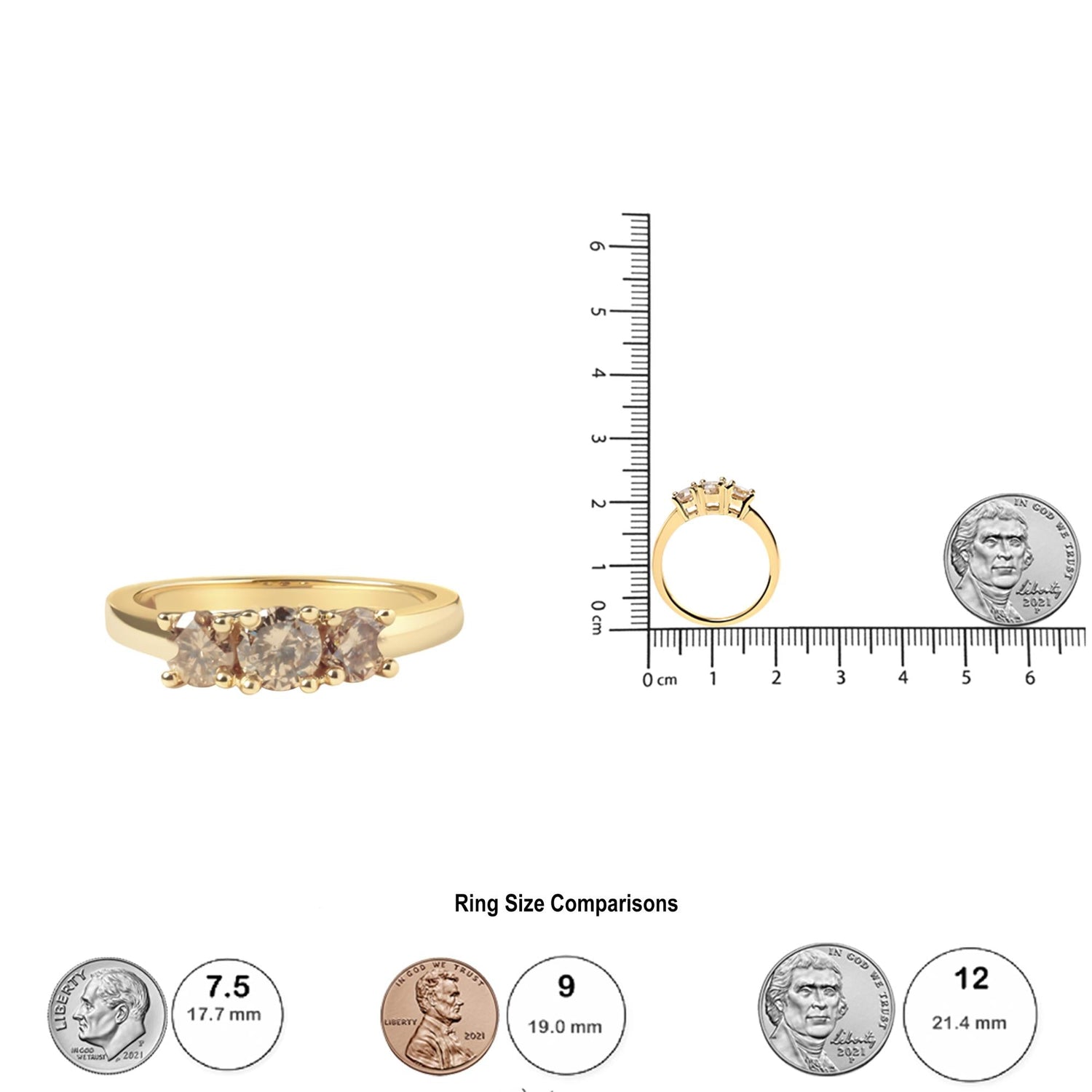 Gold ring with three stones, ruler for size, and coin comparisons for ring sizes 7.5, 9, and 12.