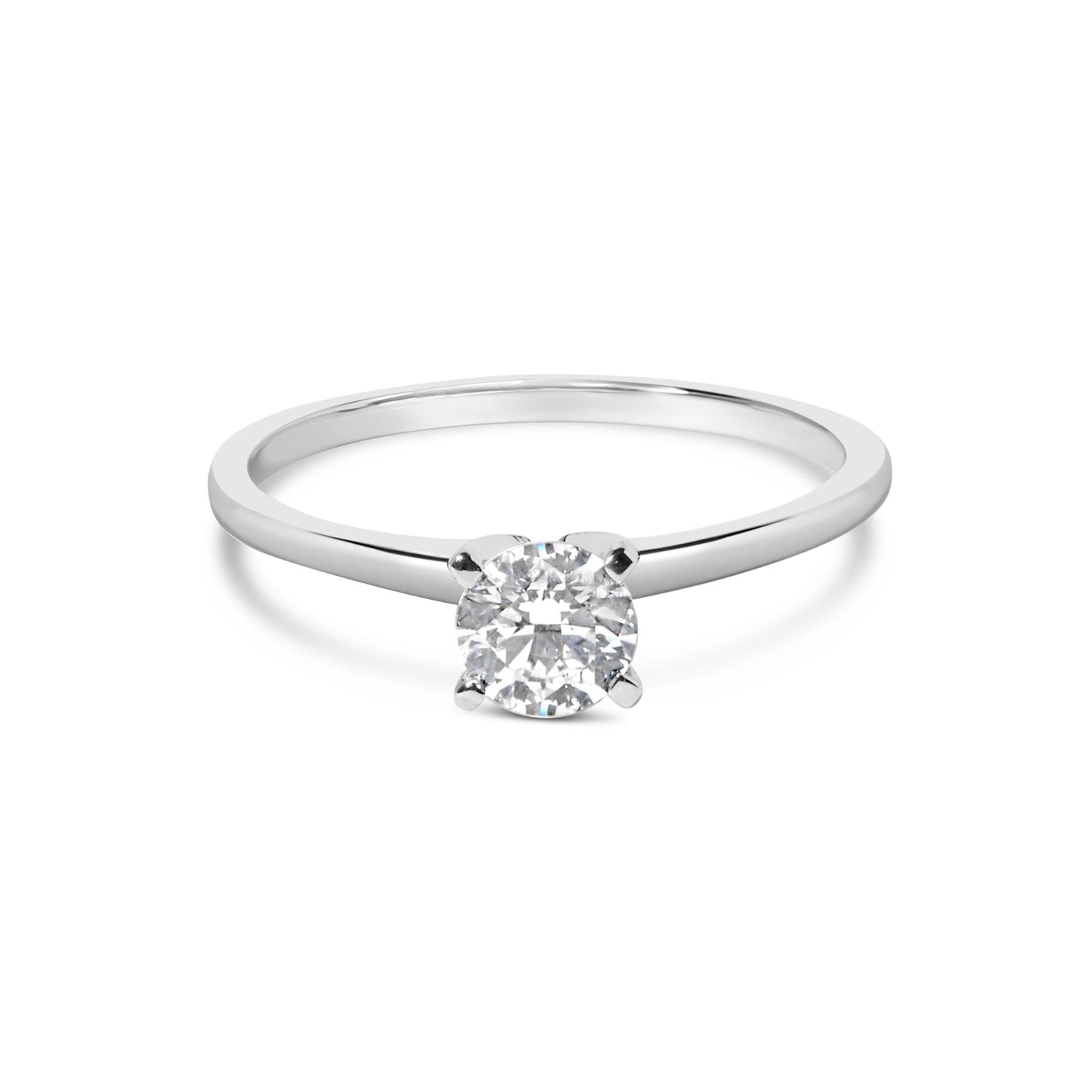 Silver ring with a single round diamond on a white background.
