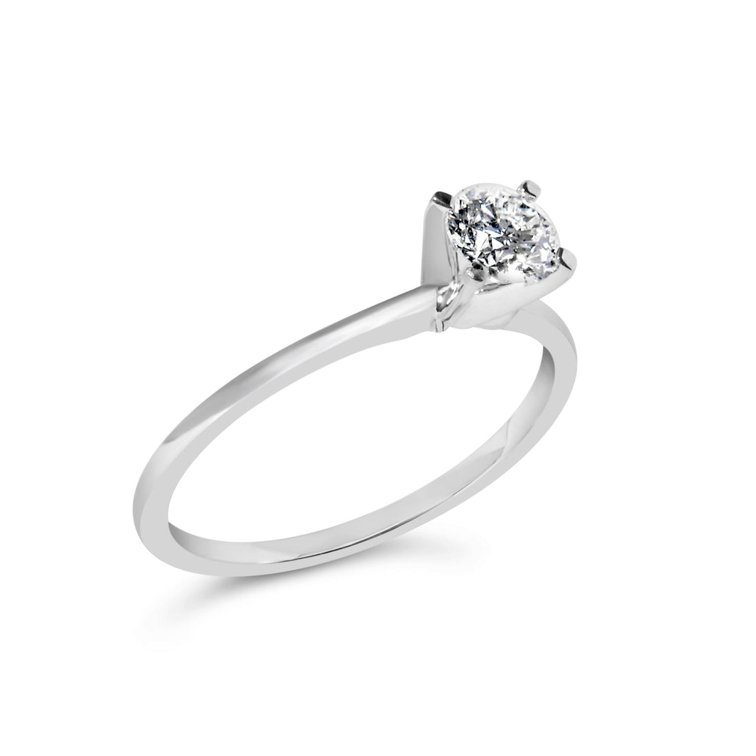 Silver ring with a single round-cut diamond set in a prong setting, on a white background.