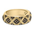 Gold ring with a crisscross pattern, set with small brown and black stones.