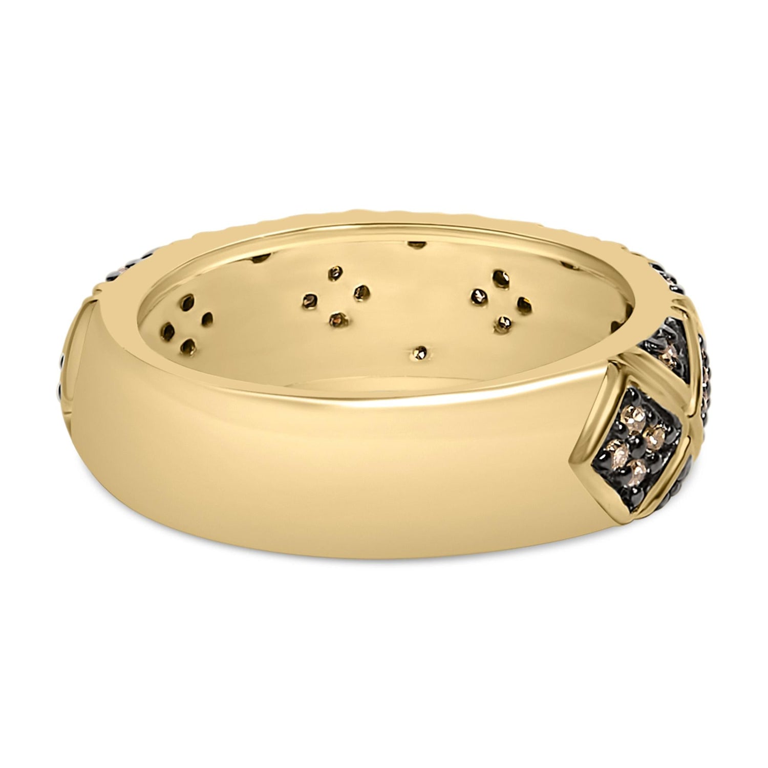 Gold ring with diamond-like studs in black settings, smooth shiny surface, and elegant design.