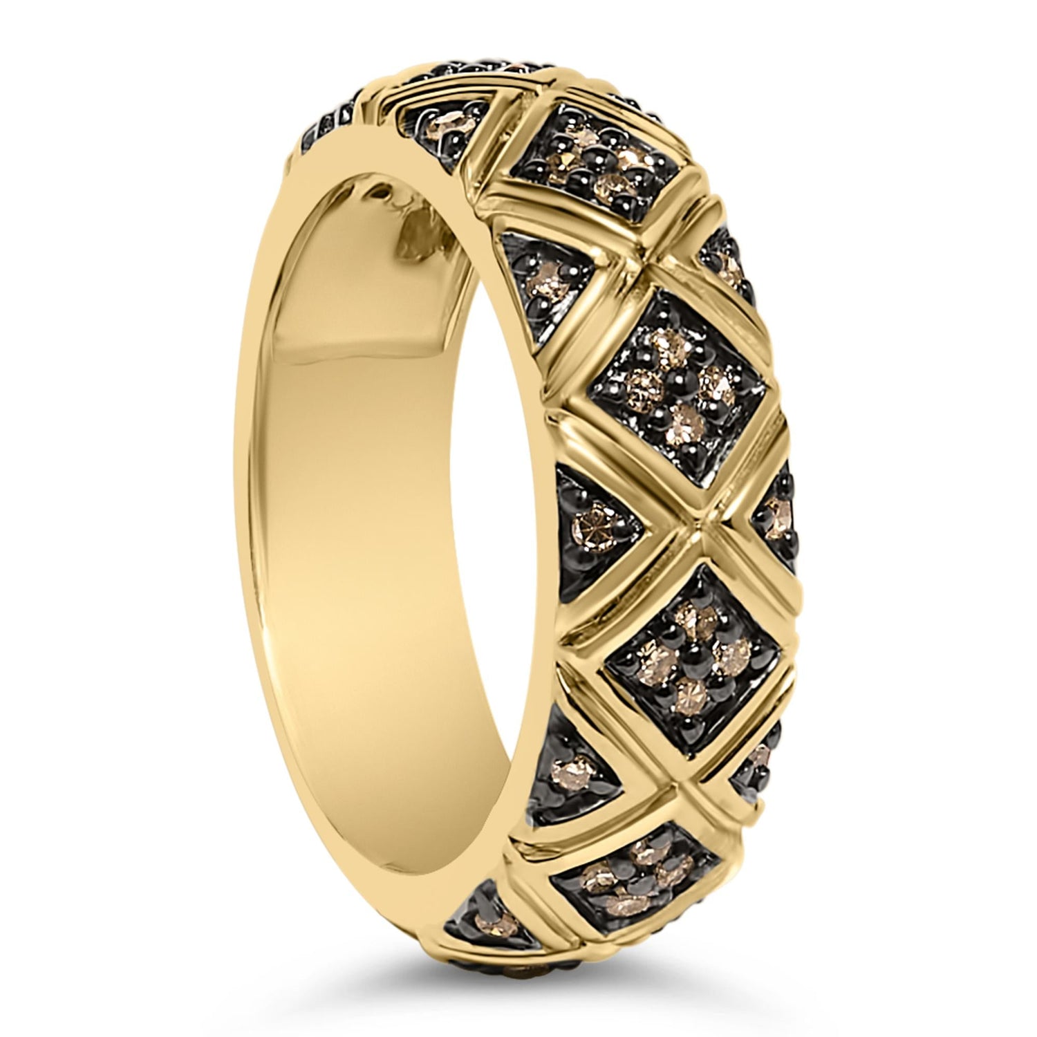 Gold ring with black and gold diamond pattern. Quilted texture with shiny finish.