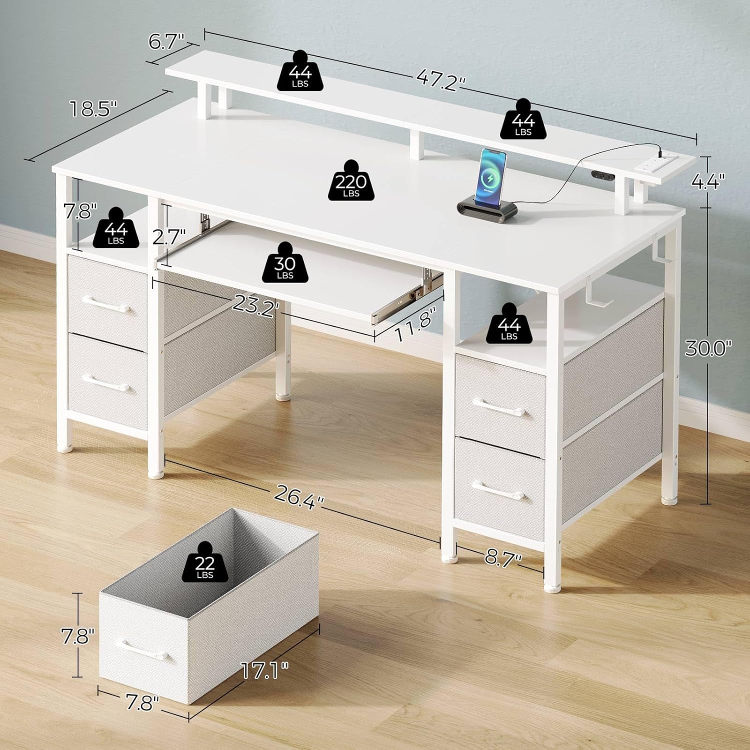 47.2 Inch White LED Desk With Power Outlets And Drawers-2
