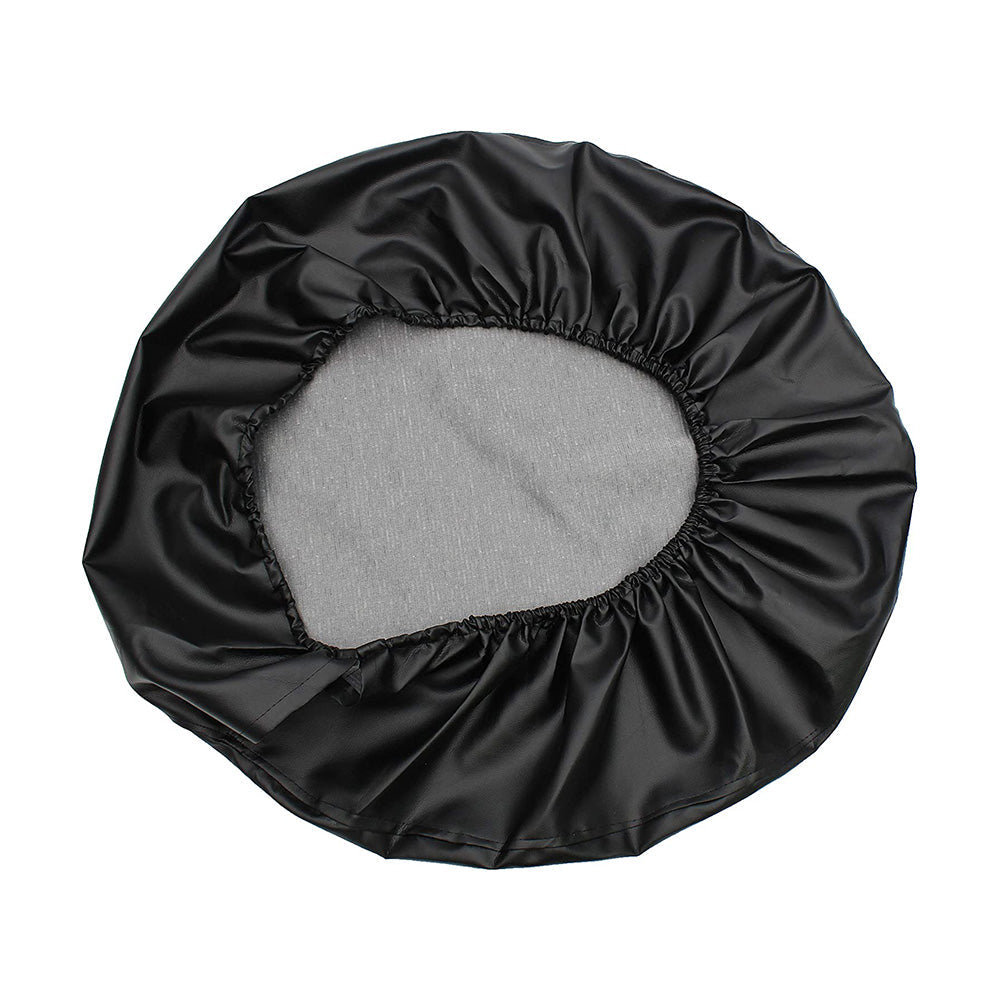Black round satin bonnet with a gray inner lining and elastic edge.