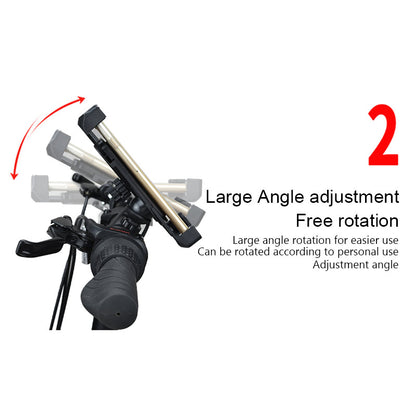 Phone holder on bike handlebars, with red arrow indicating adjustable rotation angle.