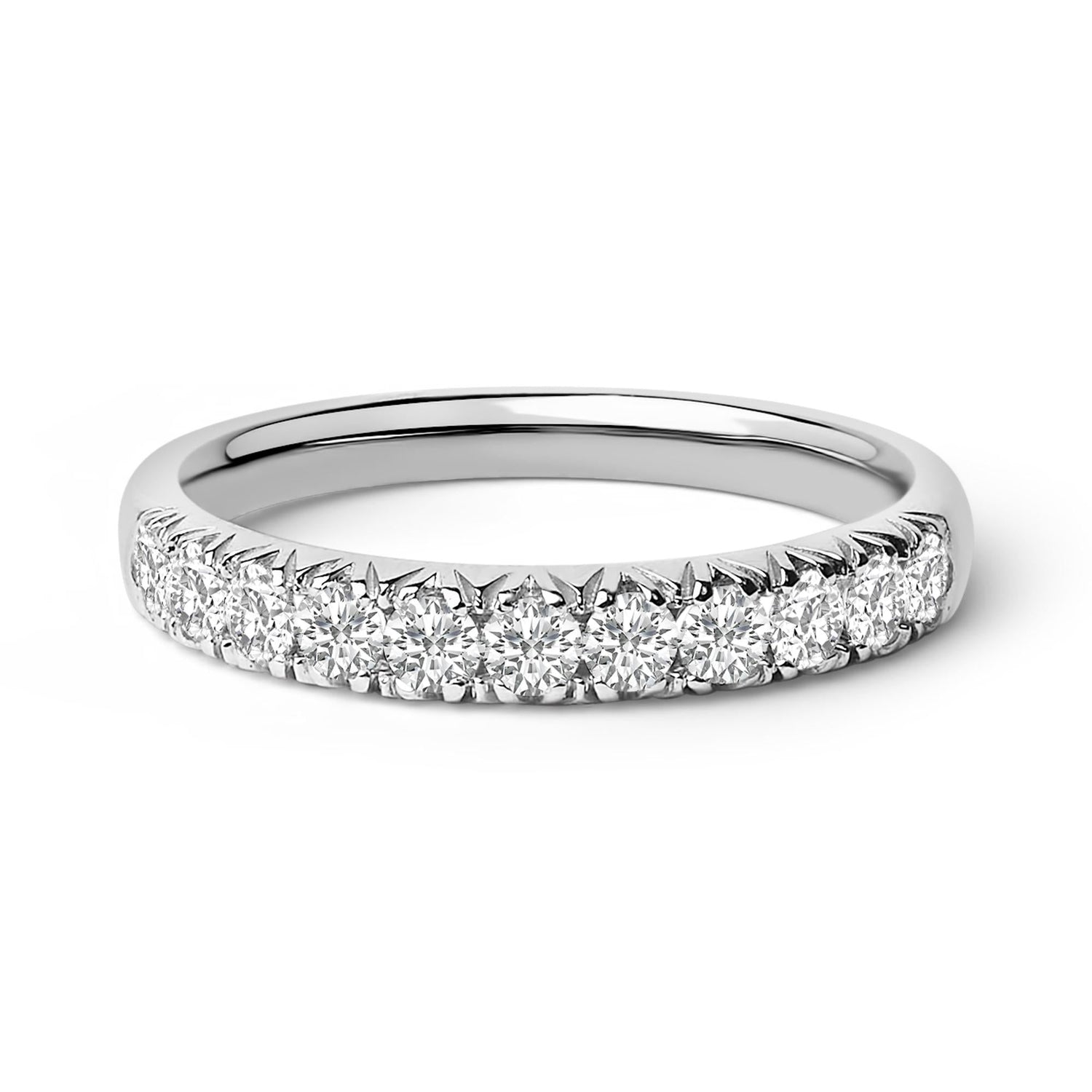Silver band ring with a row of sparkling round diamonds set along the top.