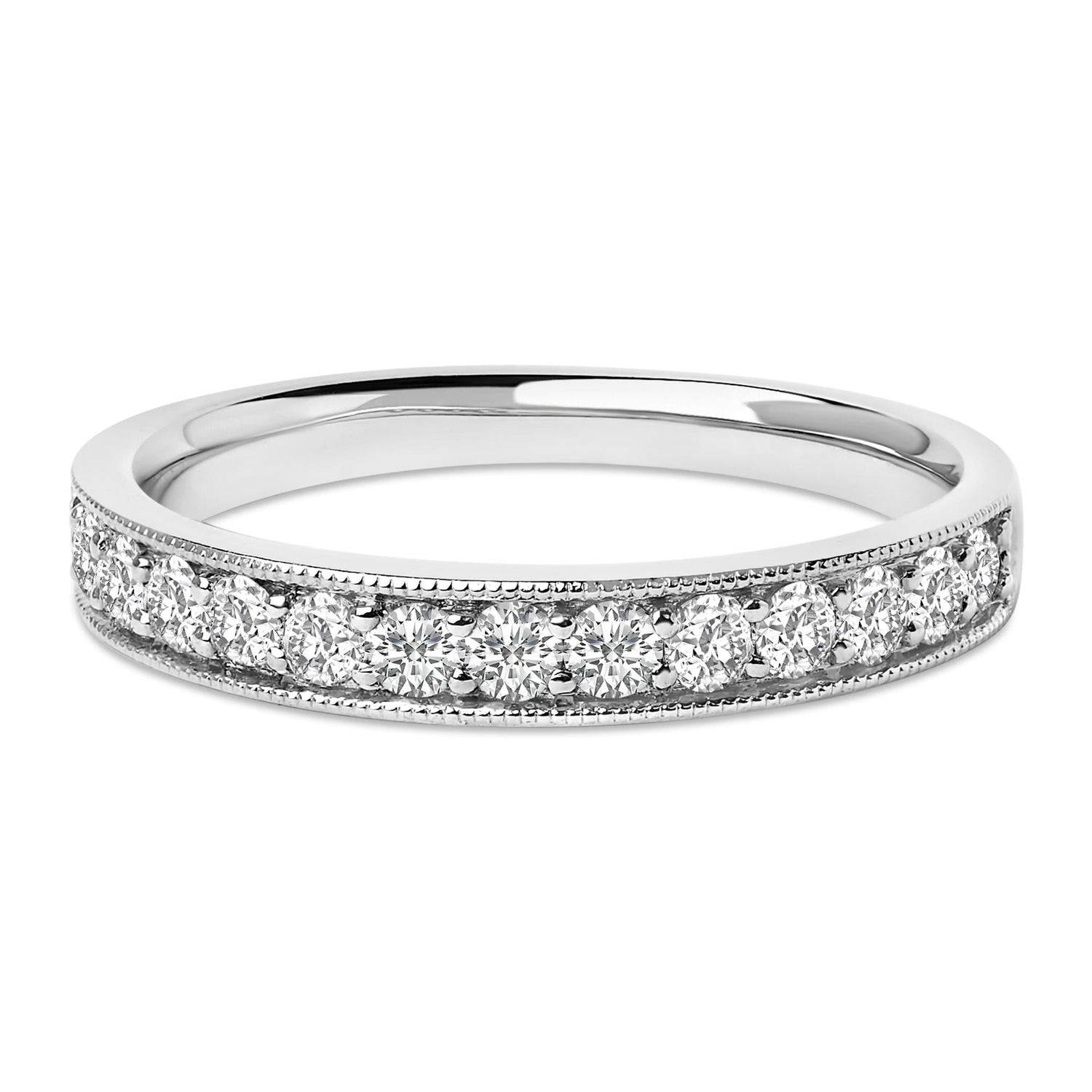Silver ring with a row of sparkling diamonds set along the band; elegant and shiny.