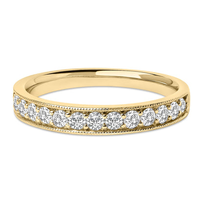 Gold ring with a row of small, round diamonds set along the band.