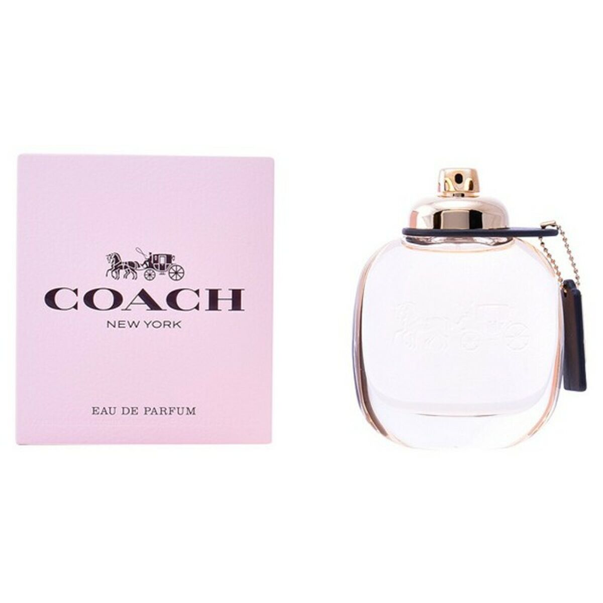 Pink box with "Coach New York" and a clear round perfume bottle with gold cap and black tag.