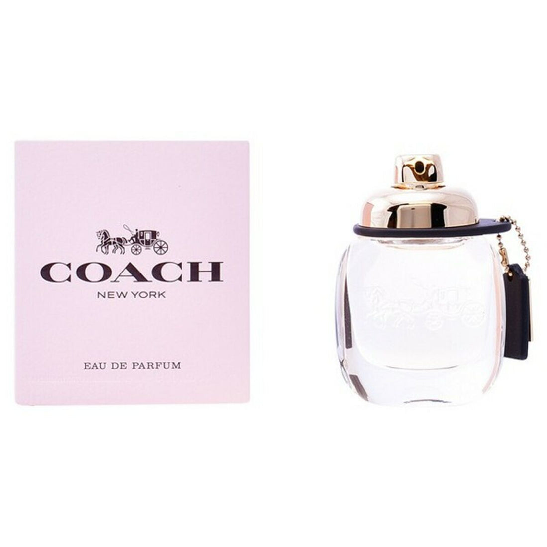 Perfume bottle with gold cap, clear glass, and pink box featuring black Coach logo text.