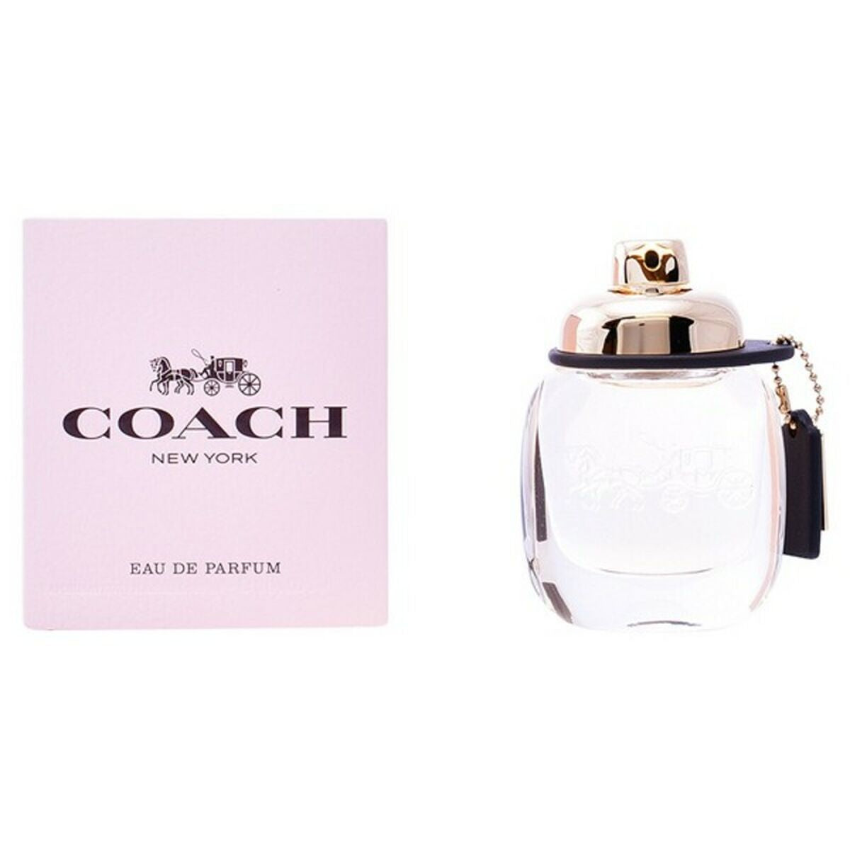 Pink box and clear perfume bottle with a gold cap and black tag.