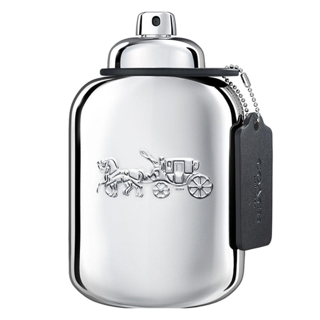 Silver bottle with embossed horse and carriage design and a black tag on the side.