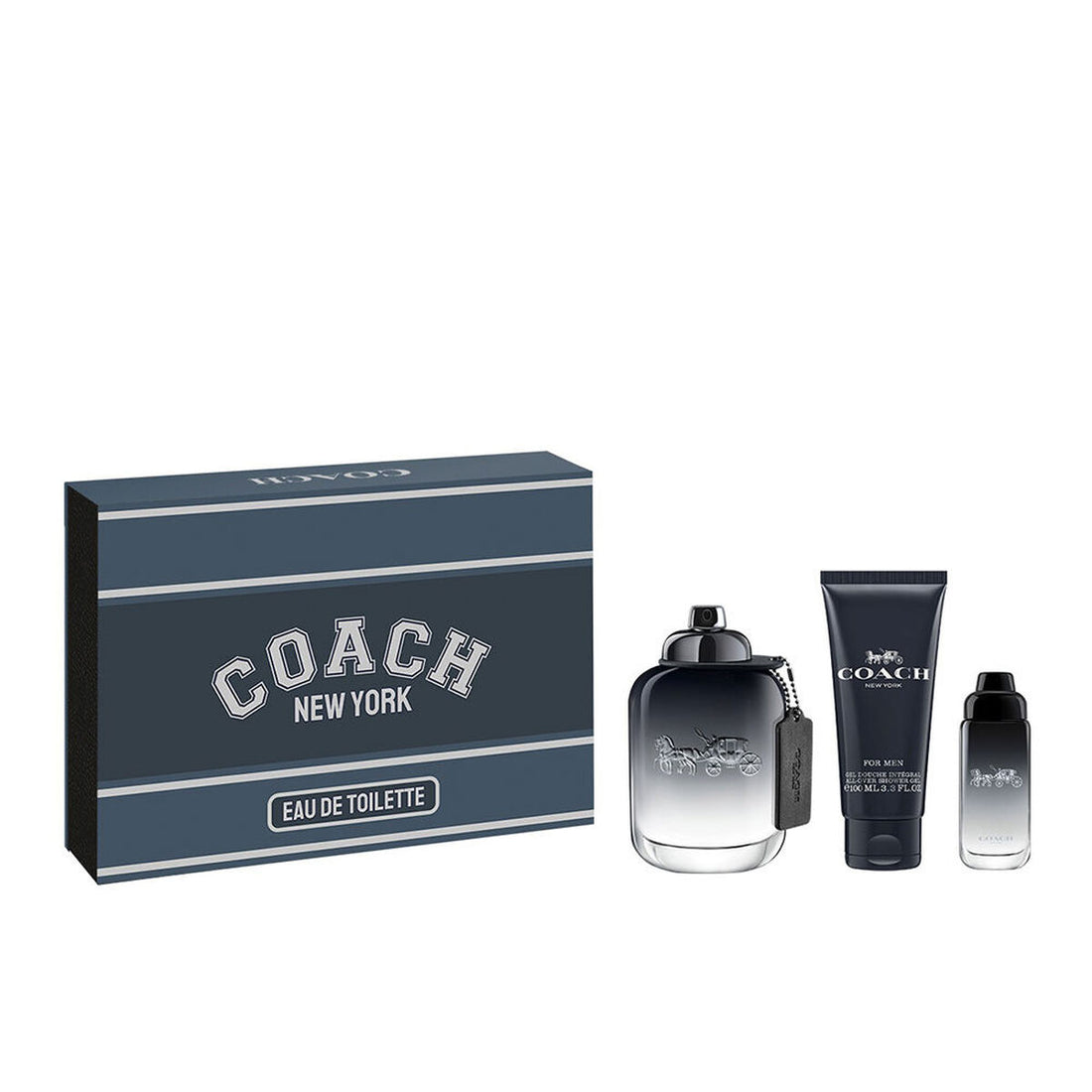 Coach New York gift set with dark gray box, black bottle, and matching tube and smaller bottle.