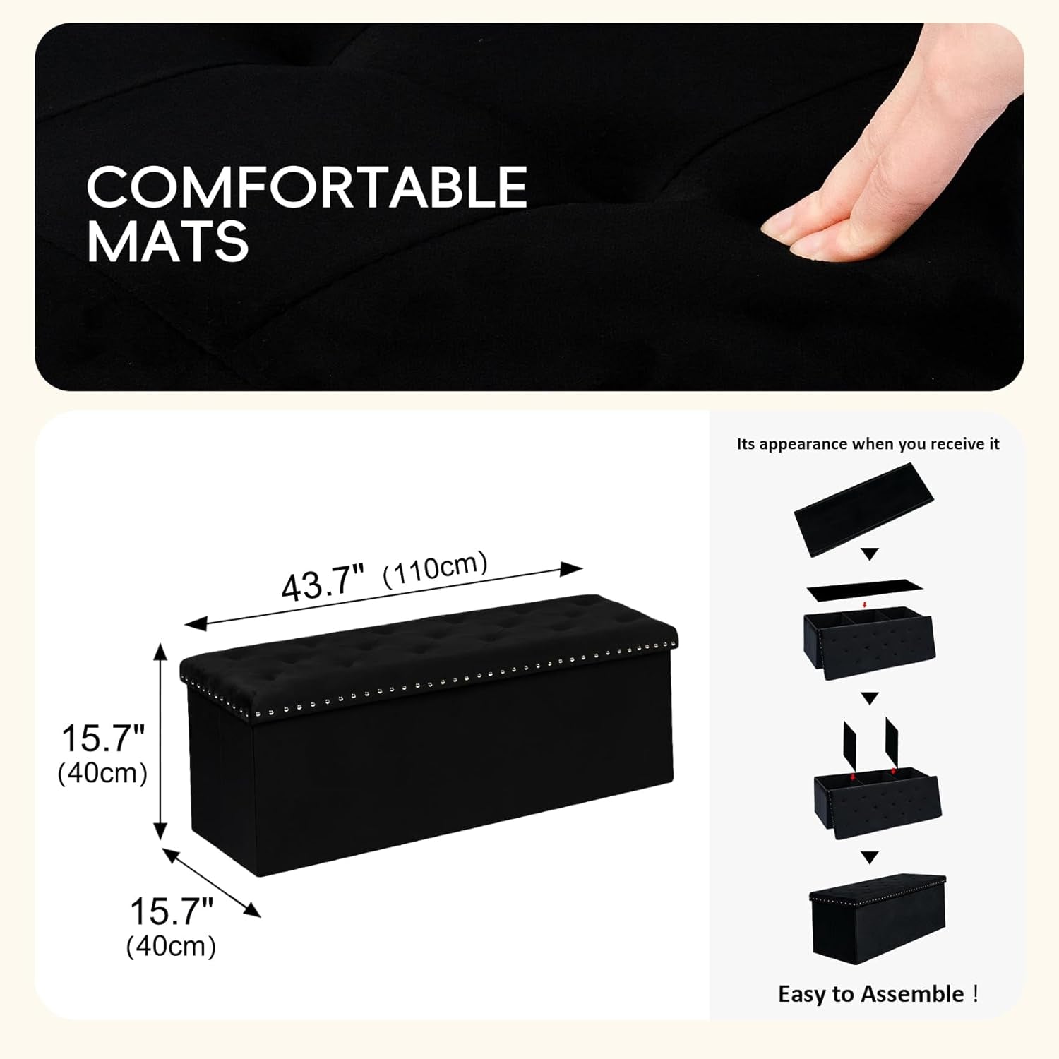 Jet Black Storage Ottoman Bench Seat 43.3 Inch Length-2