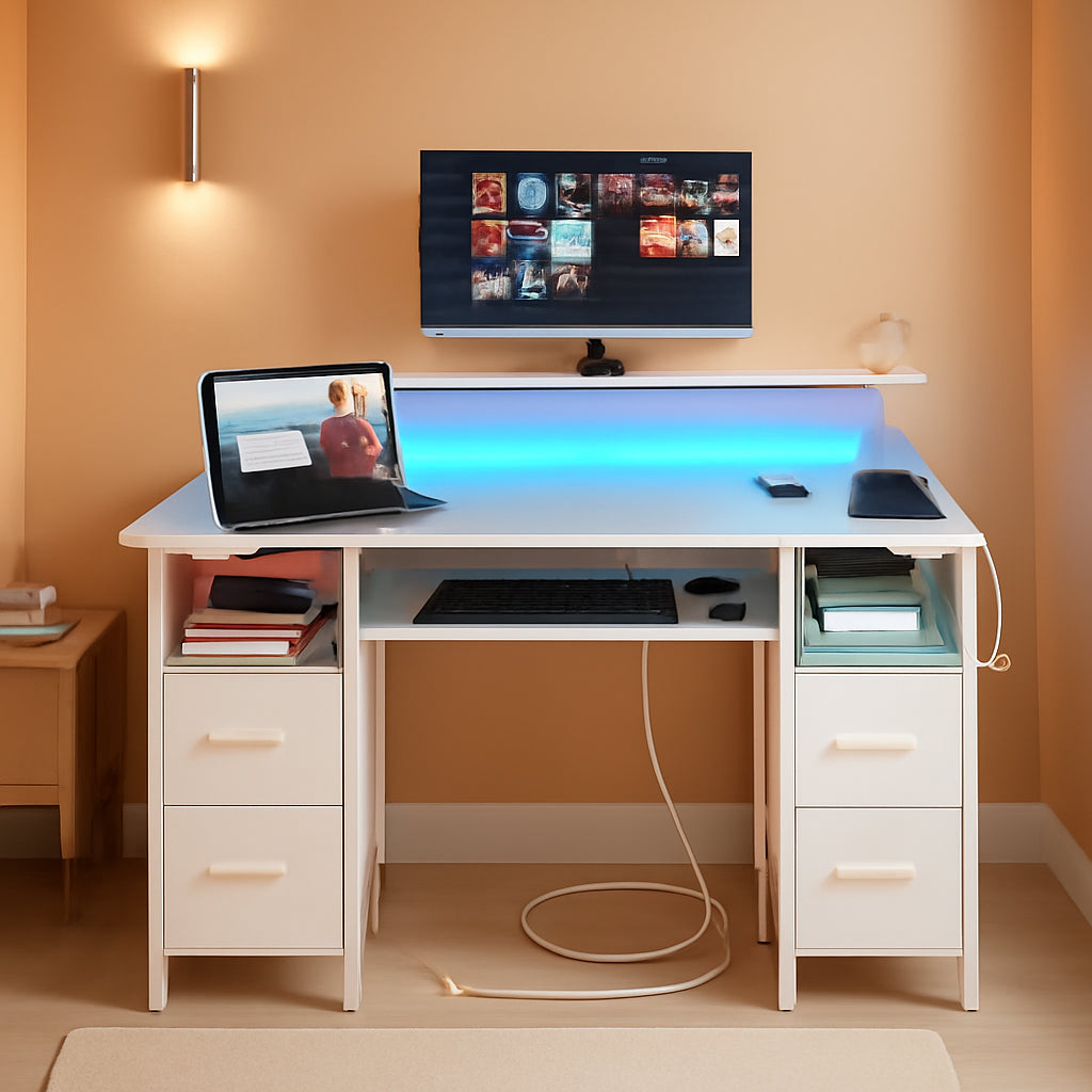 47.2 Inch White LED Desk With Power Outlets And Drawers-0