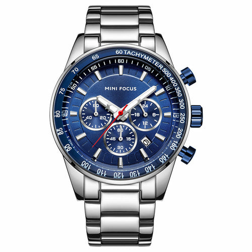 Silver watch with a blue face, three subdials, red second hand, and a stainless steel band.