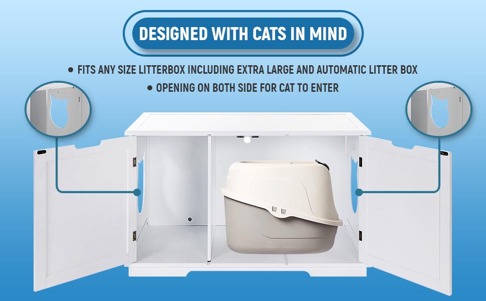 White cabinet with open doors, featuring a tan litter box inside. Blue background and cat-shaped openings.