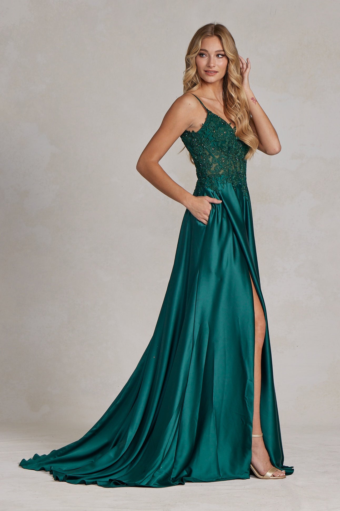 Delicate Lace Embellished A-Line Graduation Satin Gown w/ Side Pockets &amp; Daring Leg Slit NXK1121-2