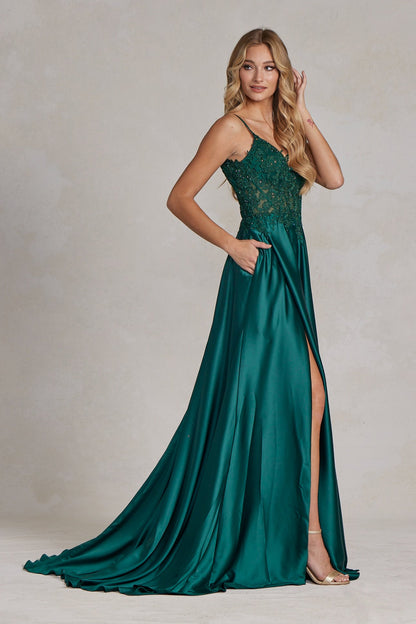 Delicate Lace Embellished A-Line Graduation Satin Gown w/ Side Pockets &amp; Daring Leg Slit NXK1121-2