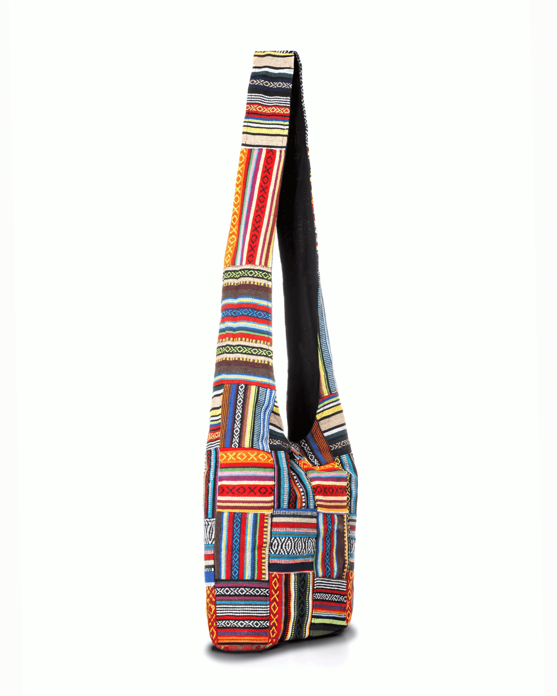 Colorful woven shoulder bag with geometric patterns in red, blue, yellow, and green stripes.