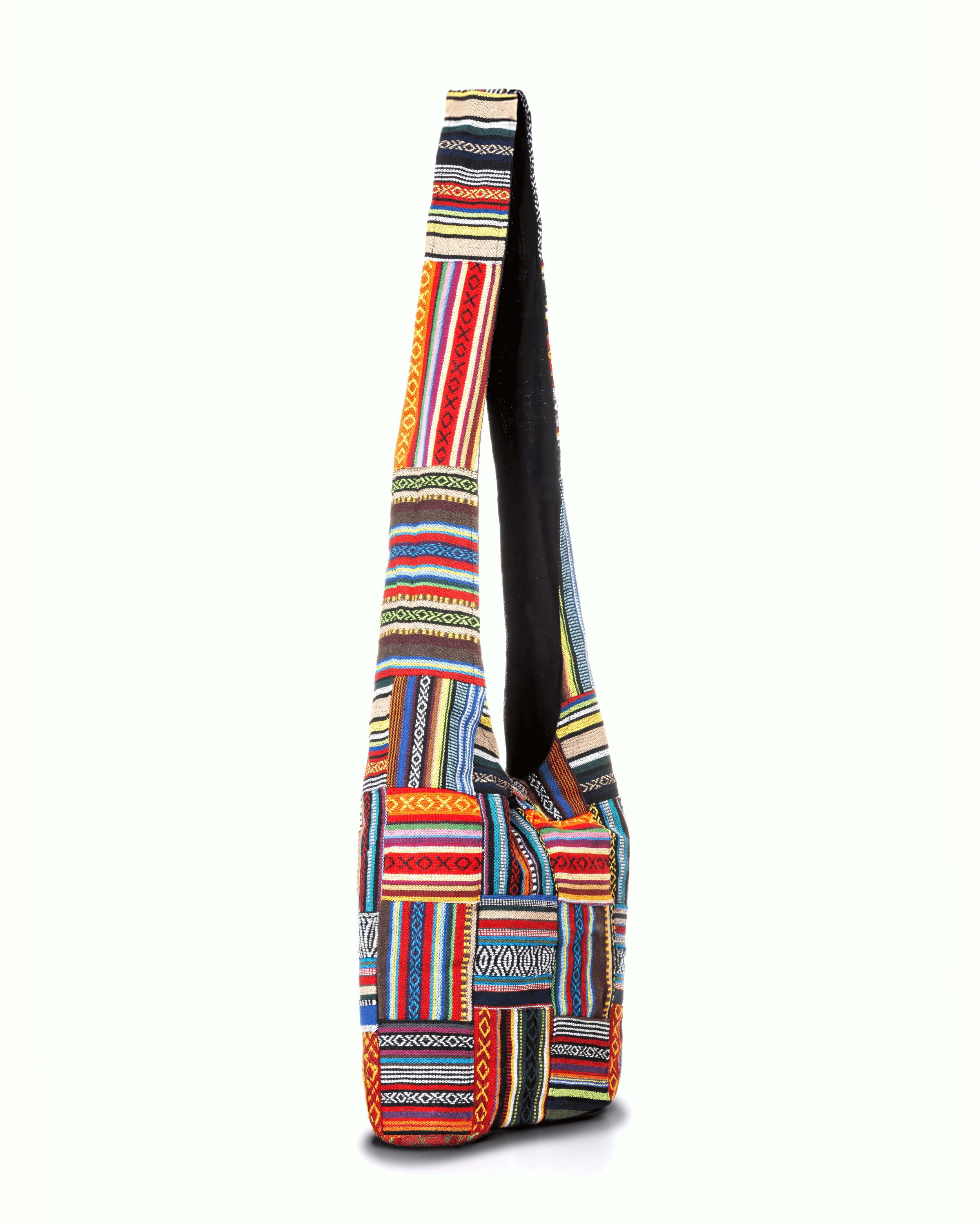 Colorful woven shoulder bag with geometric patterns in red, blue, yellow, and green stripes.