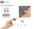 Silver USB fingerprint reader; inserted in laptop; finger touching scanner; graphics below.