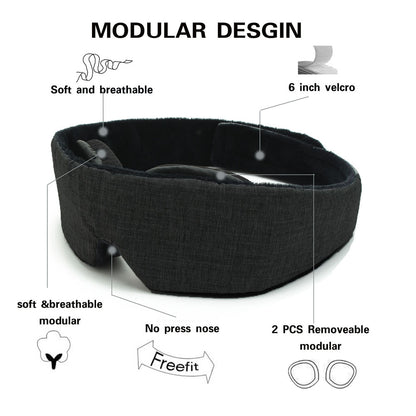 Black modular headband with soft, breathable fabric, 6-inch velcro, and removable components.