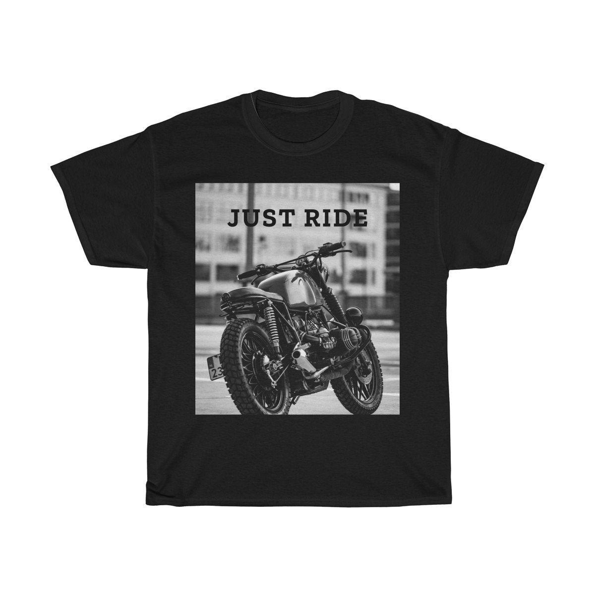 Black t-shirt with a vintage motorcycle photo and bold "JUST RIDE" text in white.
