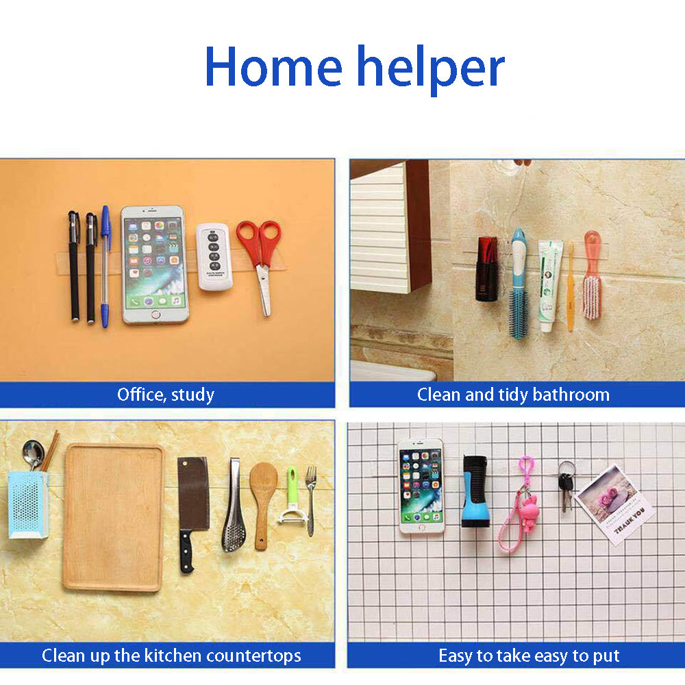 Organizers displayed in four scenarios: office, bathroom, kitchen, and general use on walls.