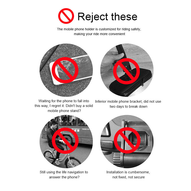 Red crossed circles over images of phone holder issues; includes text warnings and no symbols.