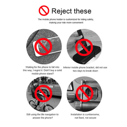 Red crossed circles over images of phone holder issues; includes text warnings and no symbols.