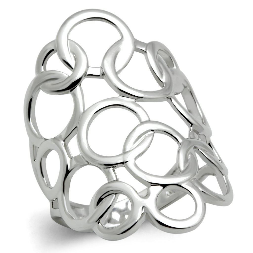 Silver ring with interlocking open circles, creating a delicate and modern geometric pattern.