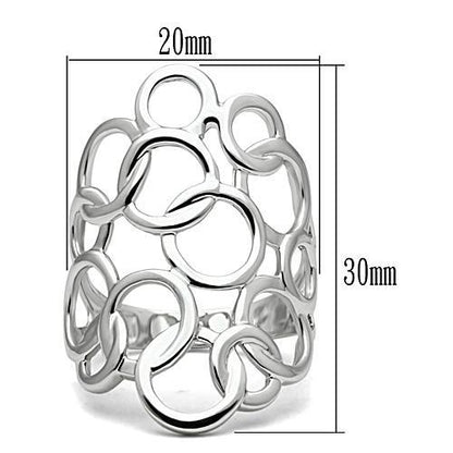 Ornate silver ring with interlocking circles; dimensions: 20mm width, 30mm height.