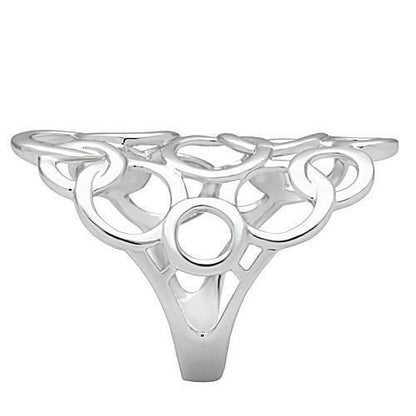 Silver ring with intricate circular and looping cutout design.