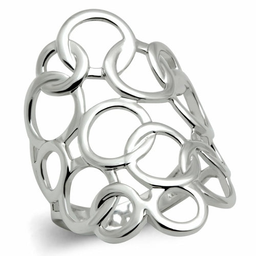 Silver ring with an openwork design of interlocking, polished circles.