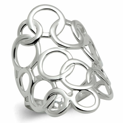 Silver ring with an openwork design of interlocking, polished circles.