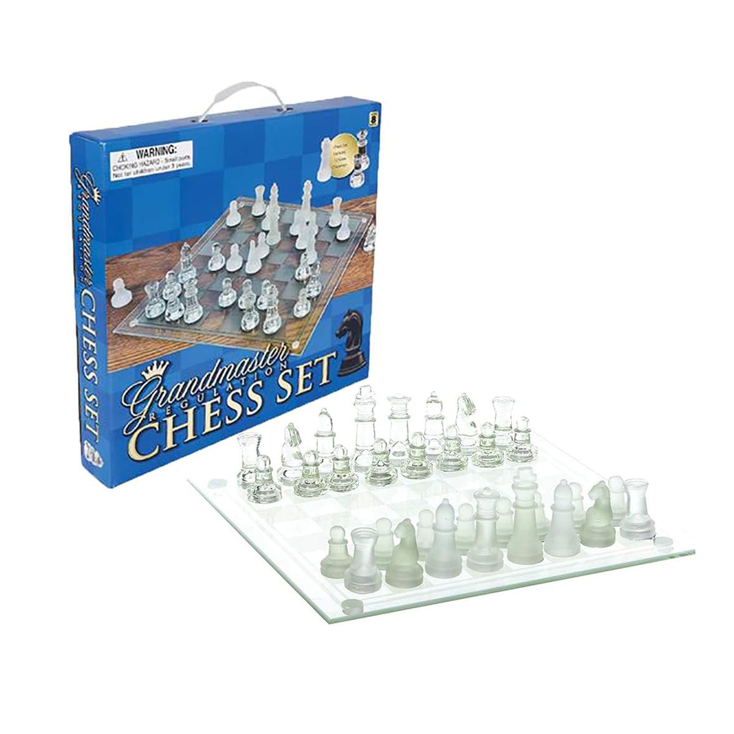 Glass chess set with clear and frosted pieces on a glass board, blue box with chess image.