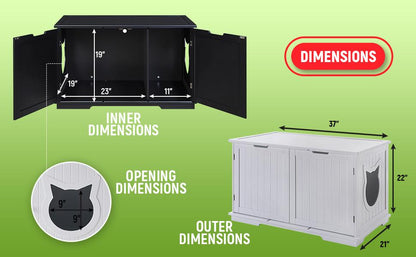 Black interior and white exterior cabinet with cat-shaped opening. Dimensions labeled. Green background.