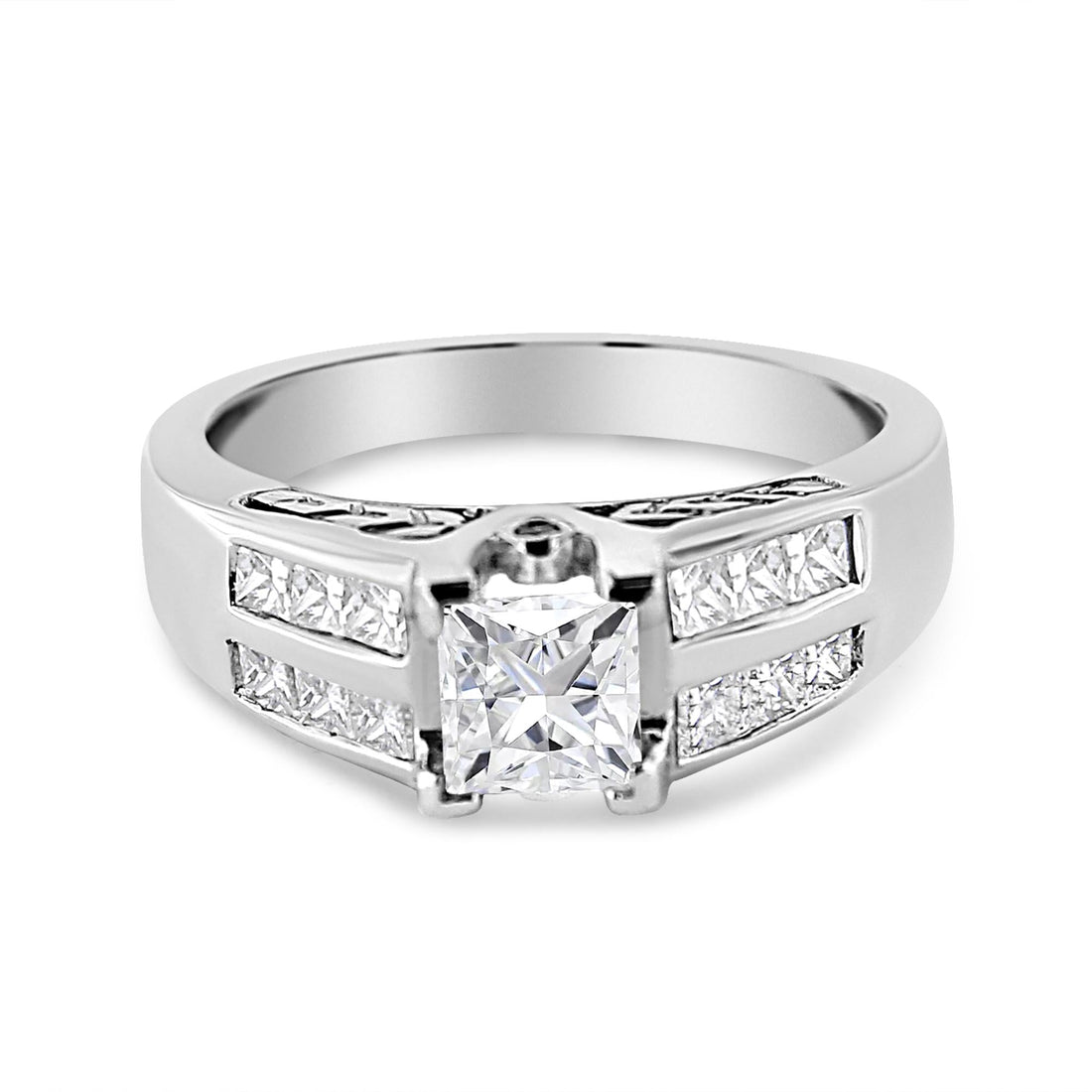 Silver ring with a square diamond centerpiece, accented by smaller diamonds on the band.