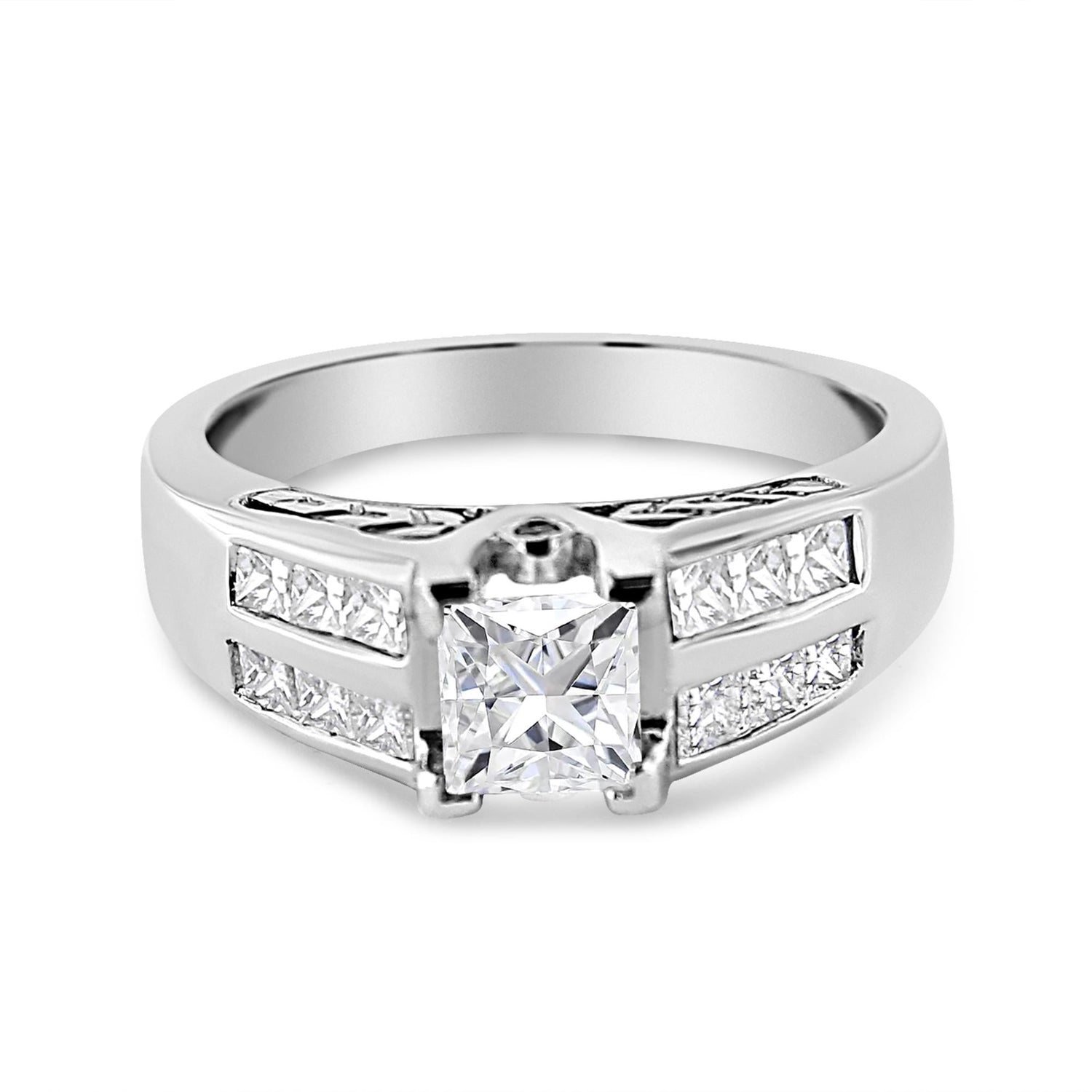 Silver ring with a square diamond centerpiece, accented by smaller diamonds on the band.