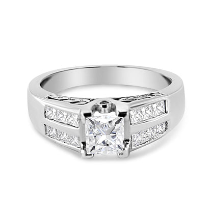 Silver ring with a square diamond centerpiece, accented by smaller diamonds on the band.