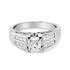 Silver ring with a square diamond centerpiece, accented by smaller diamonds on the band.