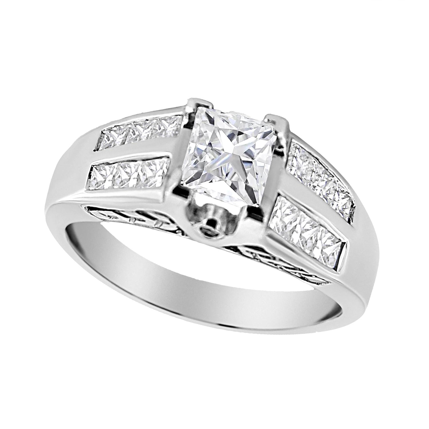 Silver ring with square diamond, side stones in channel setting, on white background.