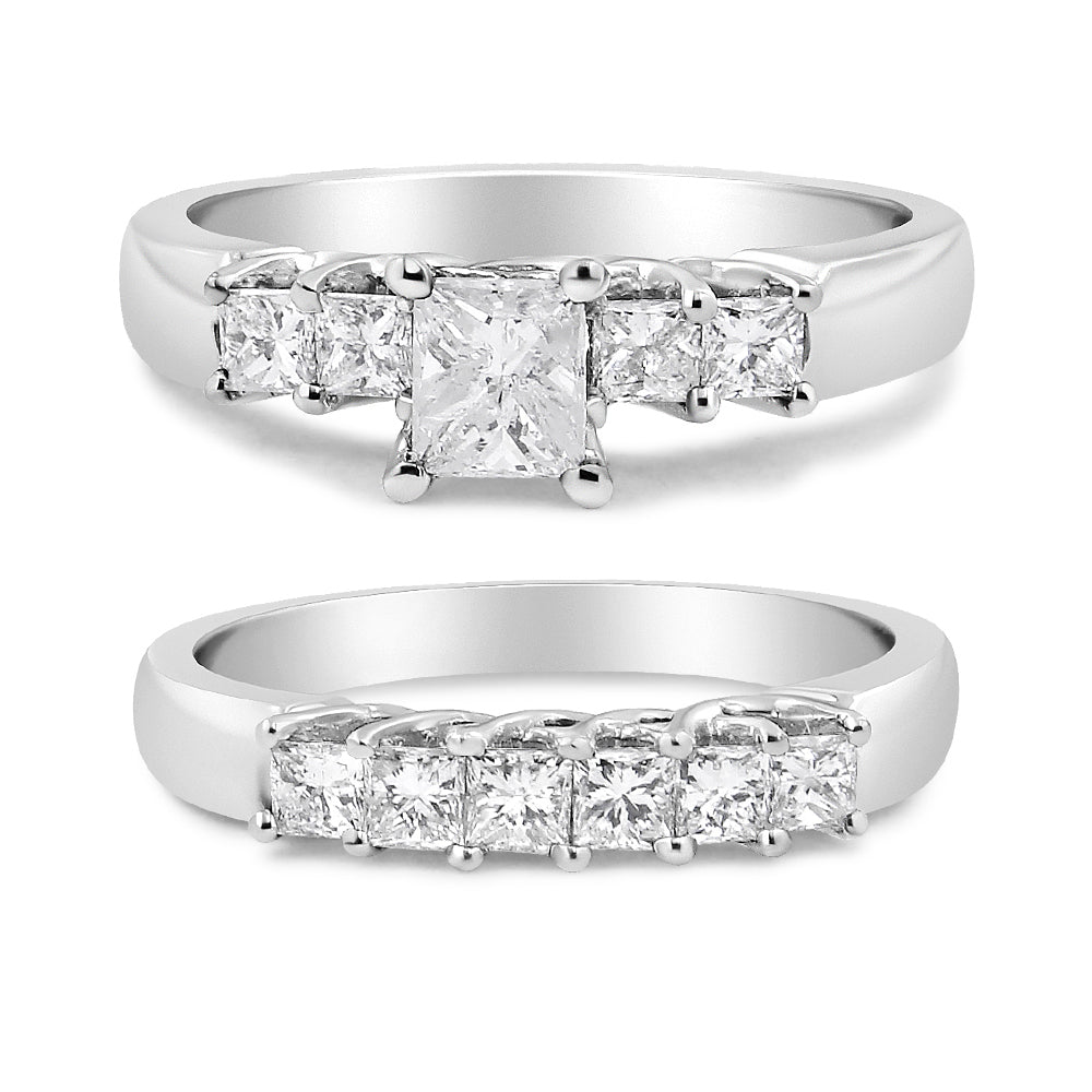 Two silver rings with square-cut diamonds, one with a larger center stone, both shiny and elegant.
