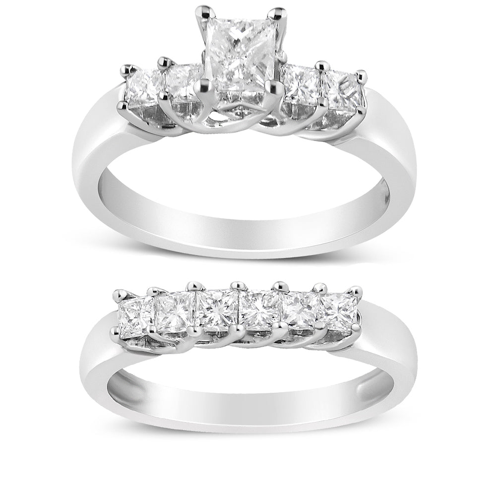 Two silver rings with square-cut diamond settings in a row.