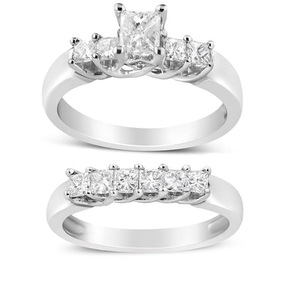 Silver rings with square-cut diamonds; central diamond raised; band has smaller diamonds in a row.