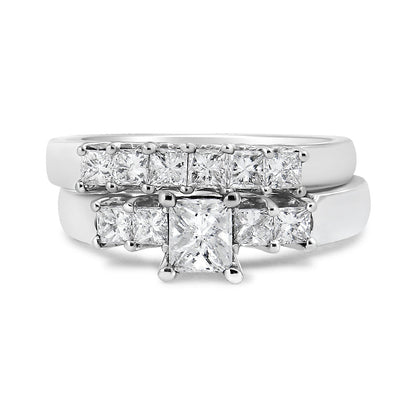 Two silver rings with square-cut diamonds in a pavé setting; larger center stones visible.