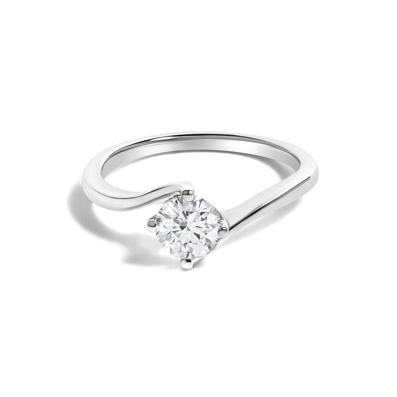 Silver ring with a round diamond set in a twisted band design, on a white background.