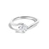 Silver ring with a round diamond set in a twisted band design, on a white background.